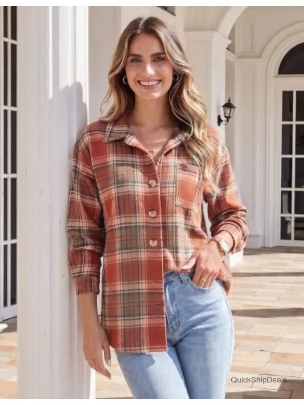 Flannel Shacket Jacket Plaid Button Down Long Sleeve Women Casual